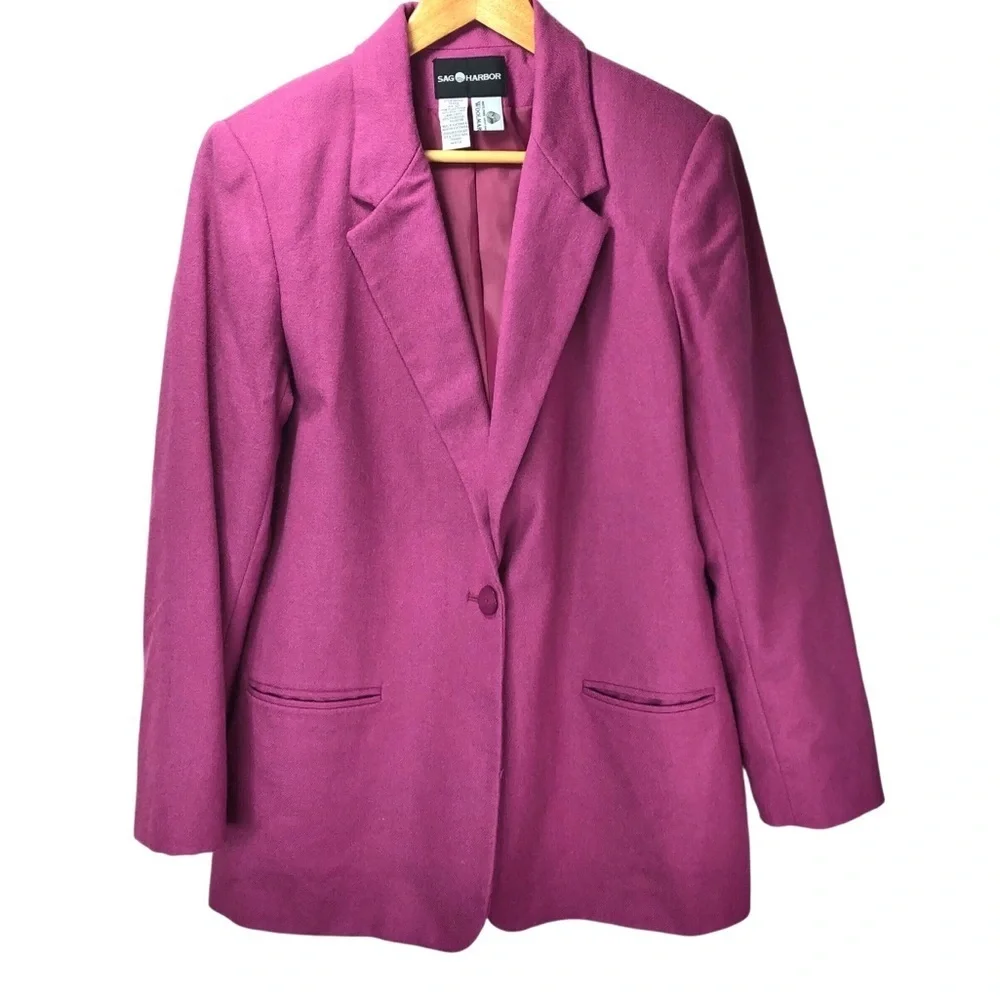 Vtg 90’s Sag Harbor 100% Wool Blazer Wo’s 12 Fuchsia Pink Classic Retro Office
